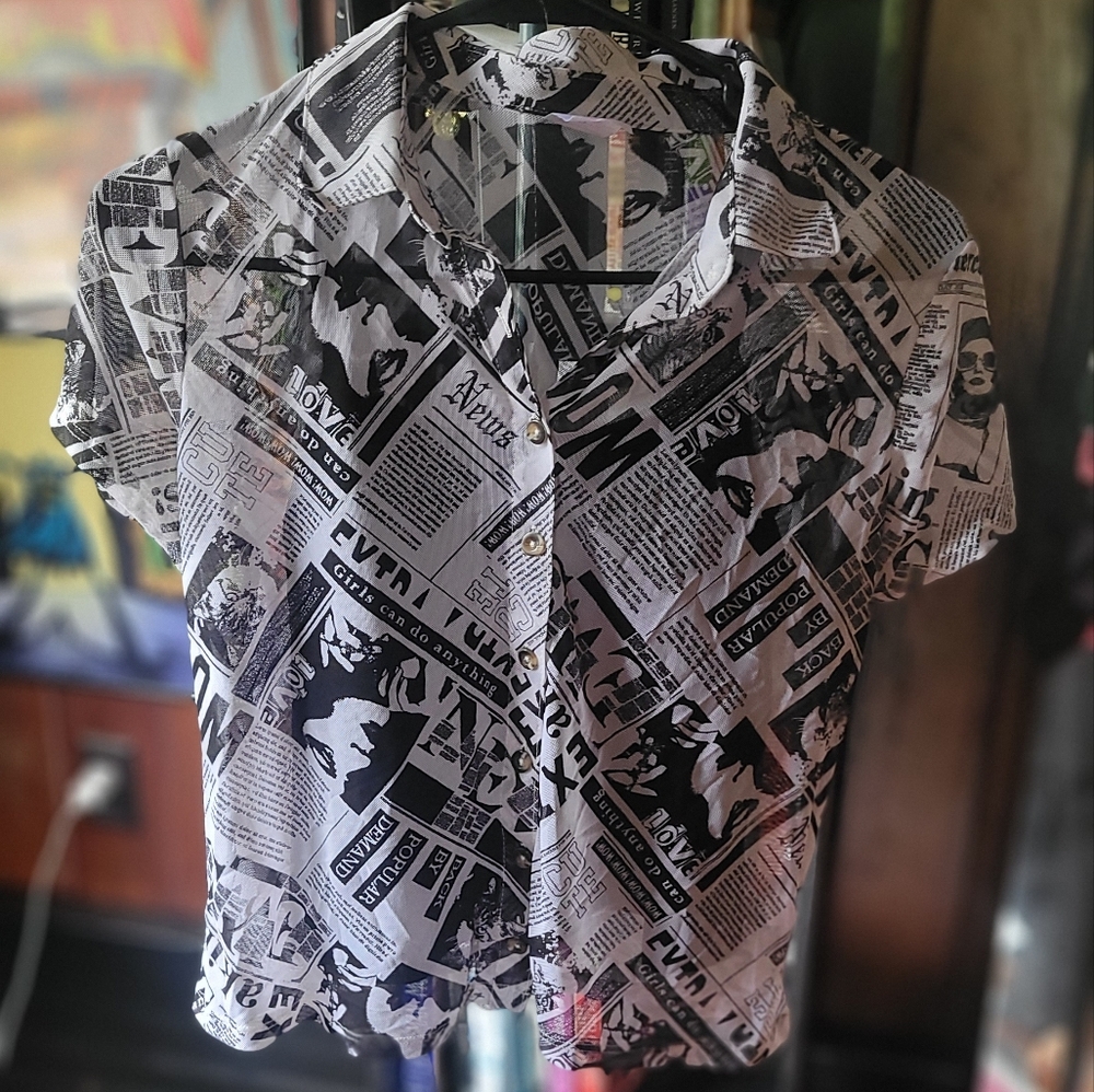 Black and White Newspaper Print Blouse